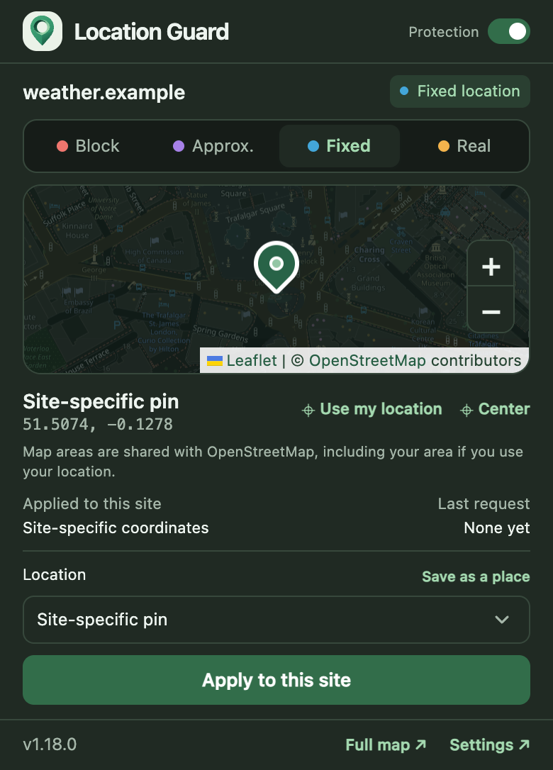 Location Guard Next toolbar popup showing the mode buttons, map, Location selector, Apply to this site button, and Settings link.