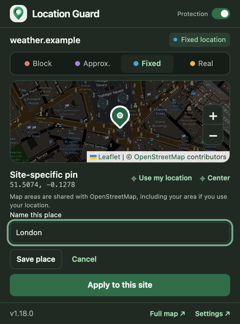 Location Guard Next toolbar popup with the Save as a place form open, showing Name this place filled with London and the Save place button.