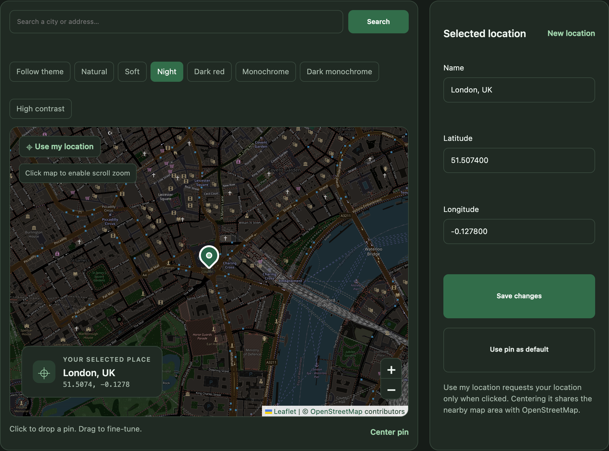 Location Guard Next full map beside the Selected location form, with London selected and the Save changes and Use pin as default buttons.