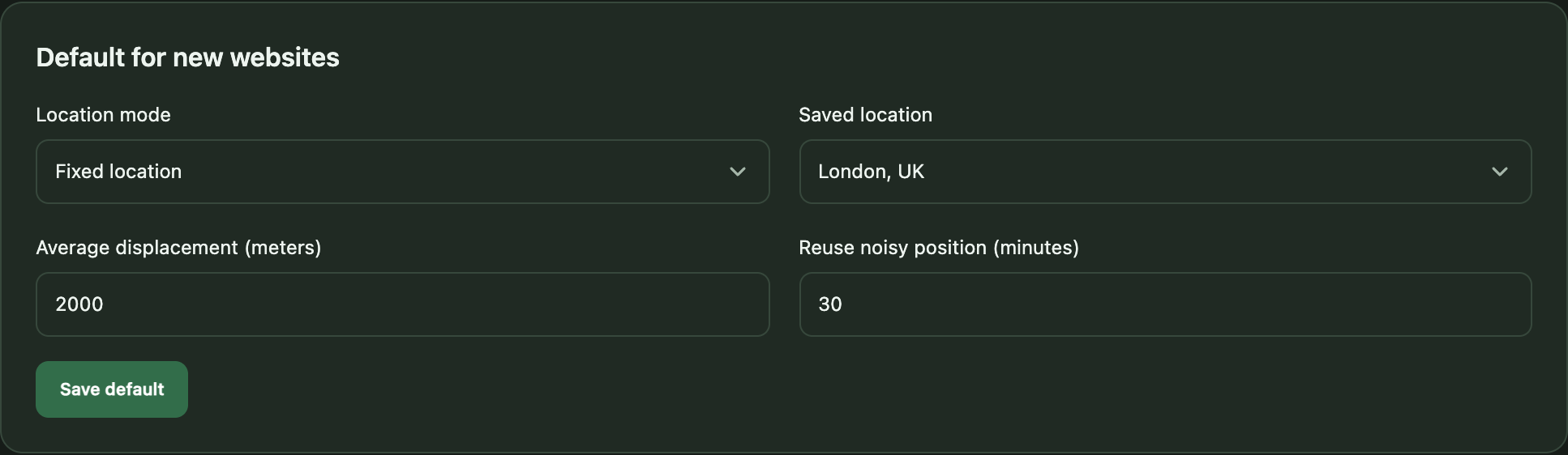 Default policy form set to Fixed location with London selected, showing Average displacement, Reuse noisy position, and Save default.