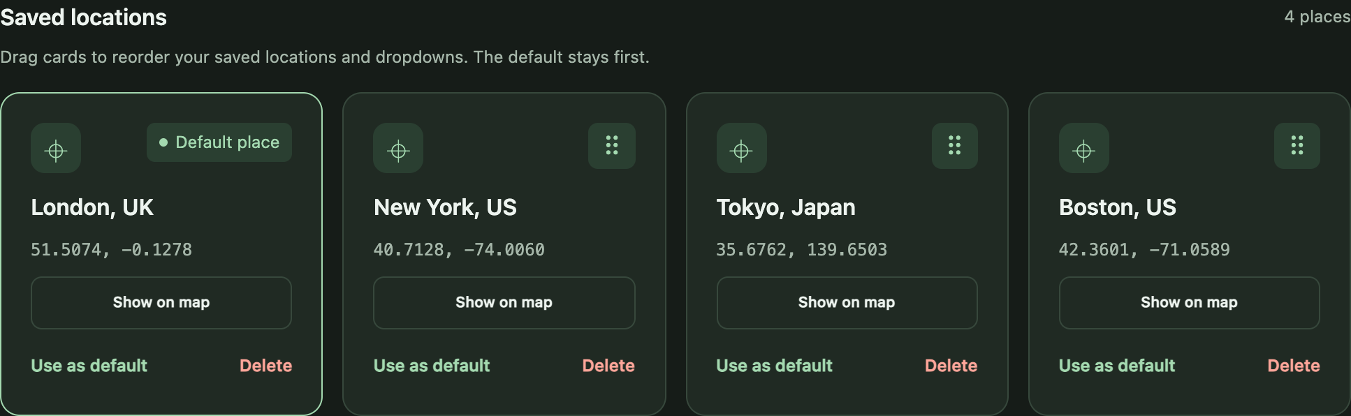 Saved location cards for London, New York, Tokyo, and Boston, showing the Default place marker and Use as default and Delete buttons.